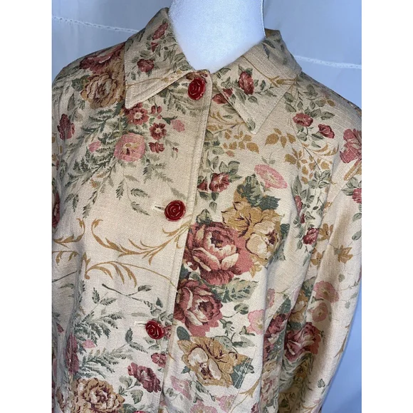 Coldwater Creek Tan Floral Button Up Roses Sweater Cottagecore Cardigan Size M - Picture 2 of 5